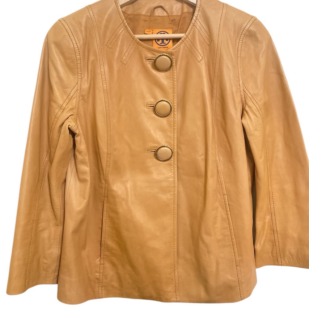 Tory Burch Tan Leather Jacket with Statement Buttons